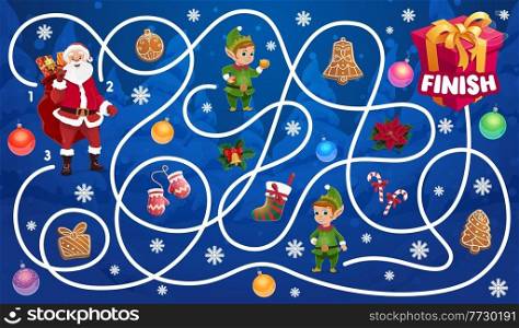 Christmas maze for kids with Santa and elfs characters. Children labyrinth game, child finding path winter holiday playing activity. Candy, gingerbread cookies and stockings, giftbox cartoon vector. Christmas maze for kids with Santa and elfs vector