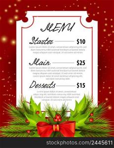 Christmas Menu creative design. Menu inscriptions in white frame with green holly, ribbon on red background with sparkles. Can be used for cafe menu, catering. Christmas Menu creative design