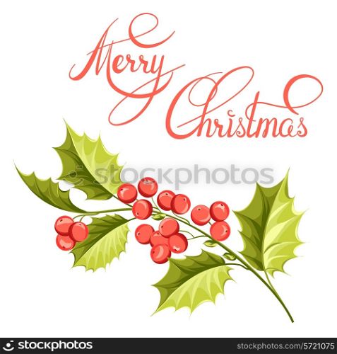 Christmas mistletoe branch drawing with holiday text. Vector illustration.