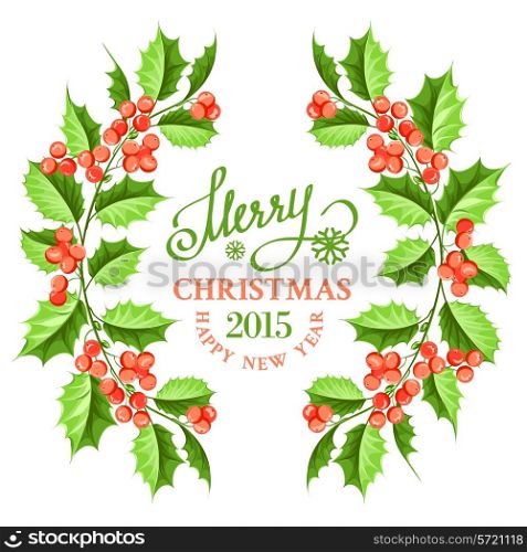 Christmas mistletoe branch frame drawing with holiday text. Vector illustration.