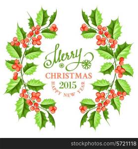 Christmas mistletoe branch frame drawing with holiday text. Vector illustration.