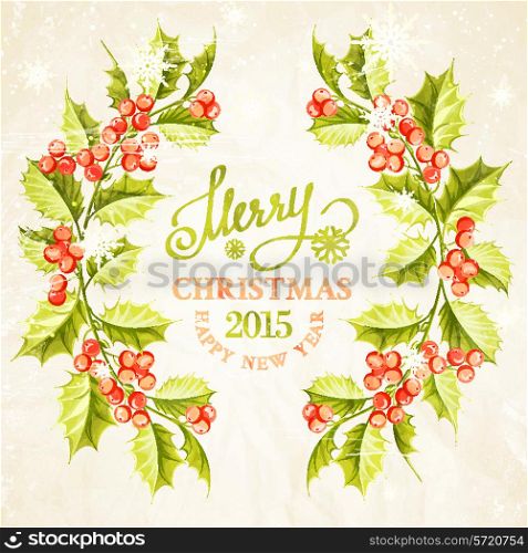 Christmas mistletoe branch frame with holiday text. Vector illustration.