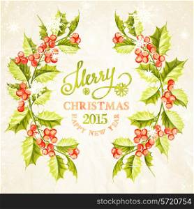 Christmas mistletoe branch frame with holiday text. Vector illustration.