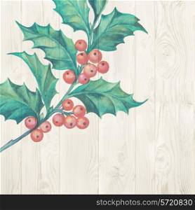 Christmas mistletoe branch isolated over wooden background. Vector illustration.
