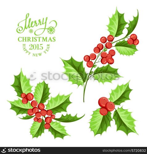 Christmas mistletoe branch set. Vector illustration.