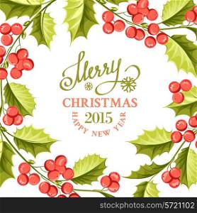 Christmas mistletoe drawing over card with holiday text and border. Vector illustration.