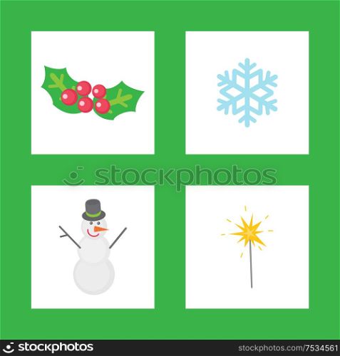 Christmas mistletoe, symbols of winter holiday isolated icons set. Snowman wearing bucket on head, sparkling lights and snowflake with ornaments ice. Christmas Mistletoe, Symbols of Winter Holiday