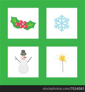 Christmas mistletoe, symbols of winter holiday isolated icons set. Snowman wearing bucket on head, sparkling lights and snowflake with ornaments ice. Christmas Mistletoe, Symbols of Winter Holiday