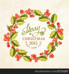 Christmas mistletoe wreath drawing with holiday text. Vector illustration.