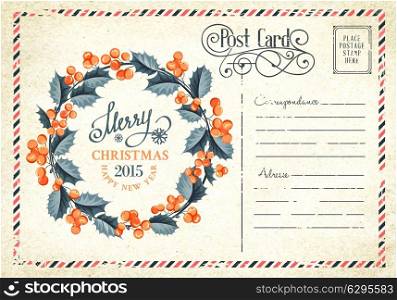 Christmas mistletoe wreath drawing with holiday text. Vector illustration.