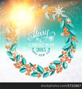 Christmas mistletoe wreath in vintge style label. Vector illustration.