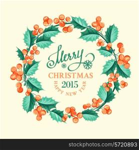 Christmas mistletoe wreath over beige background. Vector illustration.