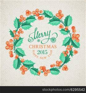 Christmas mistletoe wreath over fabric print in vintge style. Vector illustration.