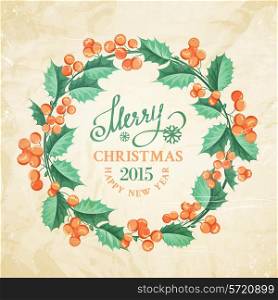 Christmas mistletoe wreath over paper texture. Vector illustration.
