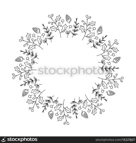 Christmas monoline vector wreath with cone branches and berries with place for text. Isolated xmas illustration for greeting card, poster and web.. Christmas monoline vector wreath with cone branches and berries with place for text. Isolated xmas illustration for greeting card, poster and web