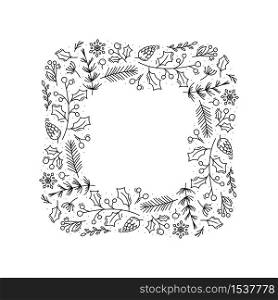Christmas monoline vector wreath with cone branches, snowflakes and berries with place for text. Isolated xmas illustration for greeting card, poster and web.. Christmas monoline vector wreath with cone branches, snowflakes and berries with place for text. Isolated xmas illustration for greeting card, poster and web