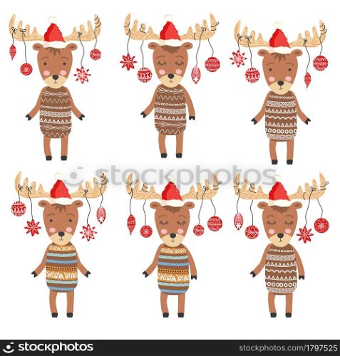 Christmas moose, cartoon scandi style in santa hat with balls on horns. Christmas moose, cartoon scandi style in santa hat with balls on horn