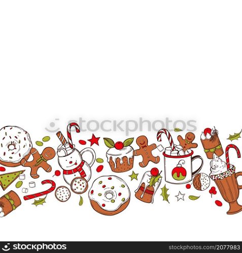 Christmas muffins, donuts, cakes and drinks.Vector background. Sketch illustration.. Vector background with Christmas food.