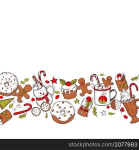 Christmas muffins, donuts, cakes and drinks.Vector background. Sketch illustration.. Vector background with Christmas food.