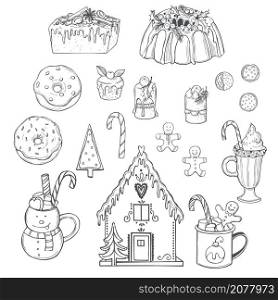 Christmas muffins, donuts, cakes and drinks.Vector sketch illustration.. Christmas food and drinks.Vector illustration.