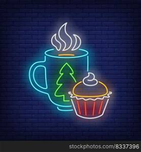 Christmas mug and muffin neon sign. Coffee, drink, break. Night bright advertisement. Vector illustration in neon style for poster, banner