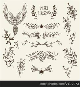 Christmas natural hand drawn template with tree branches cones and holly berry on gray background vector illustration. Christmas Natural Hand Drawn Template