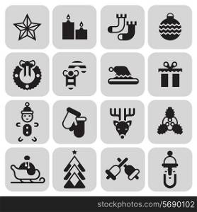 Christmas new year black icons set with star candle socks ball isolated vector illustration.
