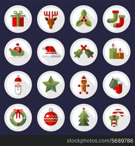 Christmas new year buttons icons set with gift box deer mistletoe sock isolated vector illustration