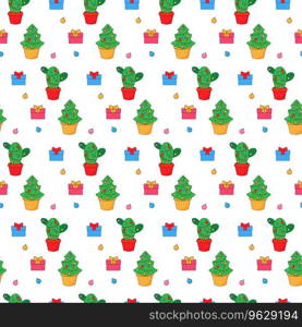 Christmas, new year, eco cactus and gifts. In psychedelic groovy style. Seamless pattern on fabric, wrapping paper, bedding, clothing. . Christmas, new year, eco cactus and gifts. In psychedelic groovy style.