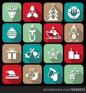 Christmas new year flat icons set with deer mistletoe pine tree wreath isolated vector illustration