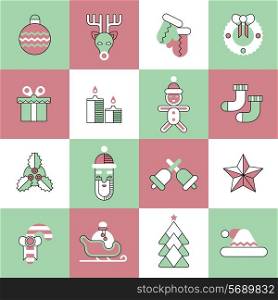 Christmas new year flat line icons set with ball deer gloves wreath isolated vector illustration