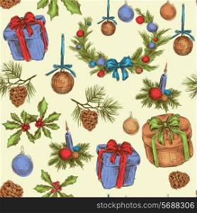 Christmas new year holiday celebration decoration sketch colored decorative seamless pattern vector illustration