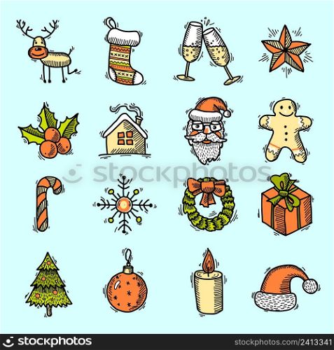 Christmas new year holiday decoration colored sketch icons set isolated vector illustration