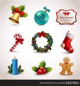Christmas new year holiday decoration realistic icons set isolated vector illustration