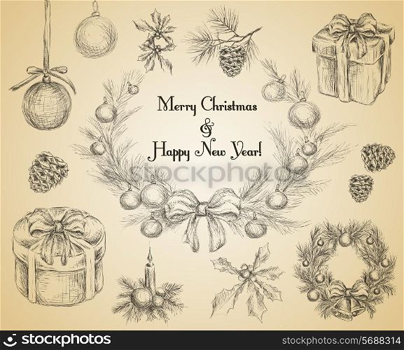 Christmas new year holiday decoration sketch decorative icons set isolated vector illustration.