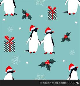 Christmas, New Year holiday pattern with lovely penguins. Holiday pattern with lovely penguins.