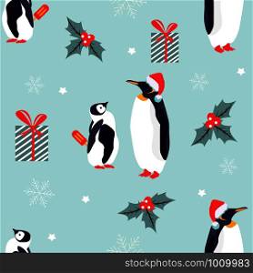 Christmas, New Year holiday pattern with lovely penguins. Holiday pattern with lovely penguins