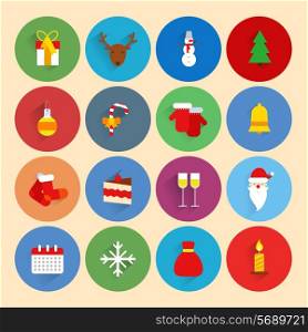 Christmas new year holiday season celebration icons set with gift box deer snowman isolated vector illustration
