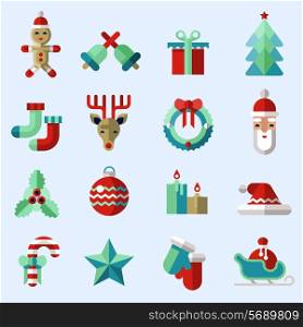 Christmas new year icons set with ginger man bells gift box pine tree isolated vector illustration