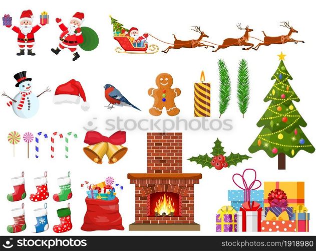 Christmas new year set. Santa claus, snowman, tree, reindeer, stockings, balls, holly sleigh fireplace toys gifts. Christmas greetings. New year xmas celebration. Vector illustration flat style. Christmas new year set.