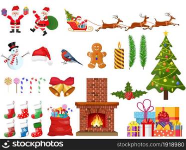 Christmas new year set. Santa claus, snowman, tree, reindeer, stockings, balls, holly sleigh fireplace toys gifts. Christmas greetings. New year xmas celebration. Vector illustration flat style. Christmas new year set.