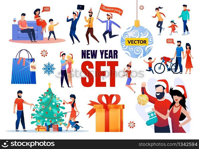 Christmas, New Year Winter Holidays Vector Set. Cartoon Happy Family Characters in Festive Hat and Clothes Celebrating Party at Home, Outdoors. Winter Discounts on Gifts. Vector Flat Illustration. New Year Vector Set with Happy Family Celebrating
