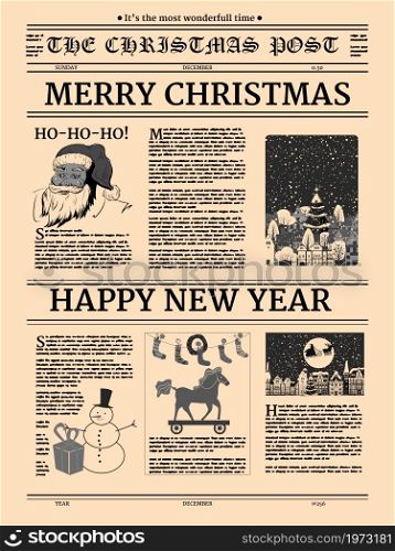 Christmas newspaper poster, old paper retro style. Greering Merrry Christmas and Happy new Year. Vector illustration decoration design isolated. Christmas newspaper poster, old paper retro style. Greering Merrry Christmas and Happy new Year. Vector illustration decoration design