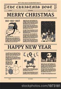 Christmas newspaper poster, old paper retro style. Greering Merrry Christmas and Happy new Year. Vector illustration decoration design isolated. Christmas newspaper poster, old paper retro style. Greering Merrry Christmas and Happy new Year. Vector illustration decoration design