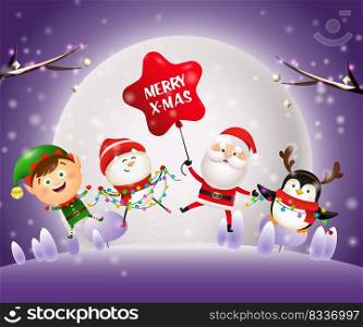 Christmas night banner with animals, Santa on violet ground. Decorative design can be used for invitations, post cards, announcements