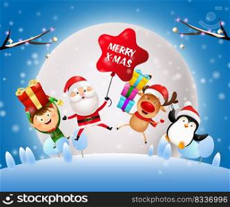 Christmas night banner with Santa, elf on blue ground. Decorative design can be used for invitations, post cards, announcements