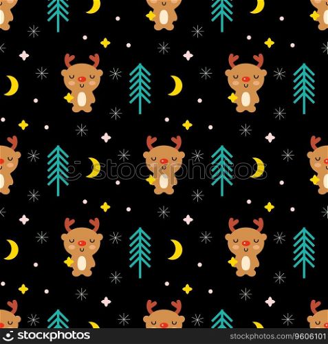 Christmas night cartoon seamless pattern with deers and stars. New year print for tee, paper, textile and fabric. Festive vector illustration for decor and design.