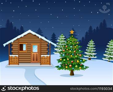 Christmas night scene with a snowy wooden house and decorated fir tree
