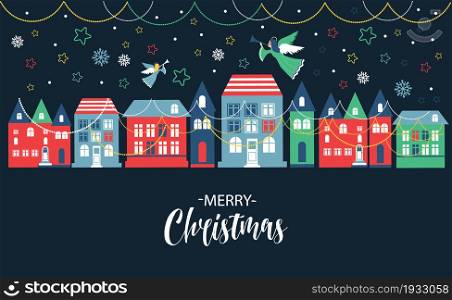 Christmas night with cute houses angels and stars. Merry and Happy new Year. Christmas night with cute houses angels and stars. Merry and Happy new Year Christmas card.