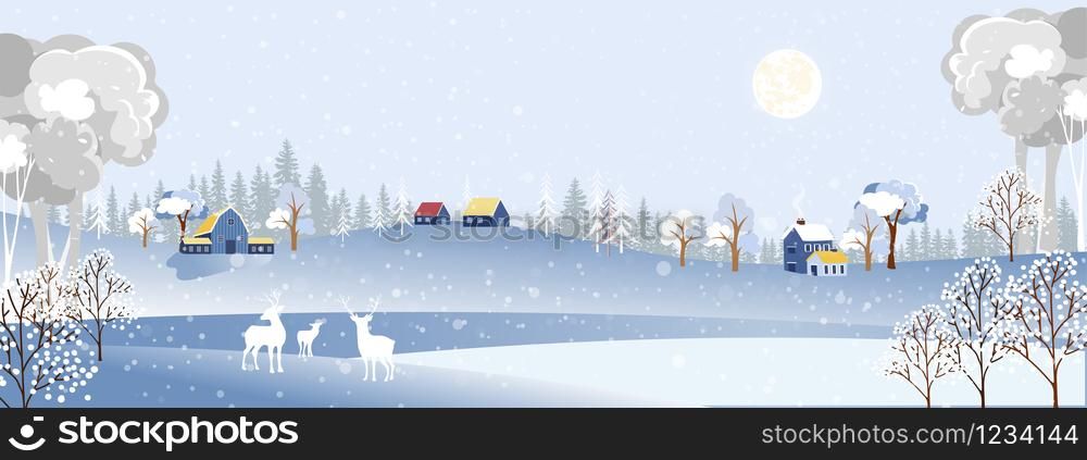 Christmas night with snowdrifts, blizzard, firs and pine tree forest, Winter landscape scene of reindeers family standing in forest with storm, windy and heavy snowfall with full moon background.